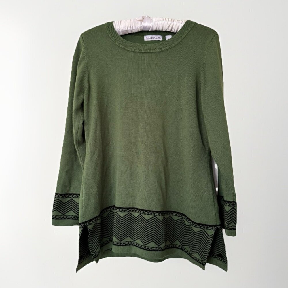 Kim Rogers Womens Size Medium Green Sweater with Black Detail Crewneck